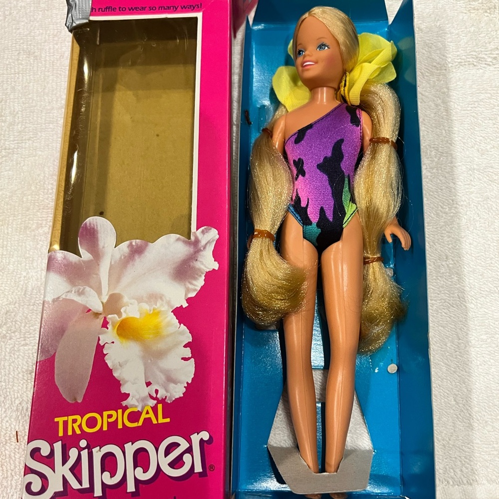 Vintage Mattel Tropical Skipper Doll with Purple and Yellow Swimsuit preowned